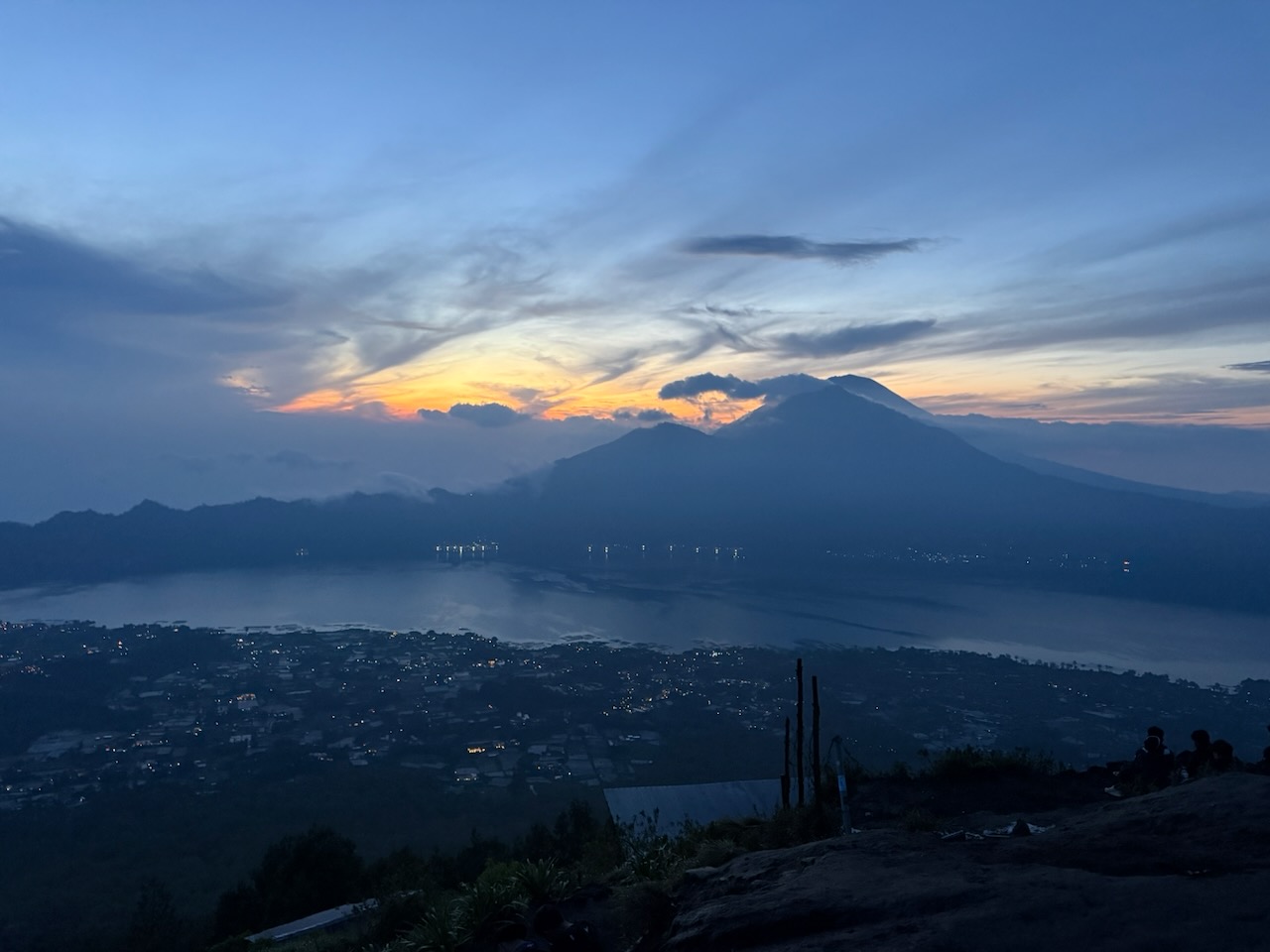 A mountain valley lit by the last light of day